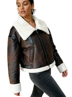 Women’s cropped aviator faux leather jacket, dark brown body with white sherpa collar and cuffs