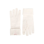 Off-white knit touchscreen gloves with ribbed fold-over cuffs and bow embroidery