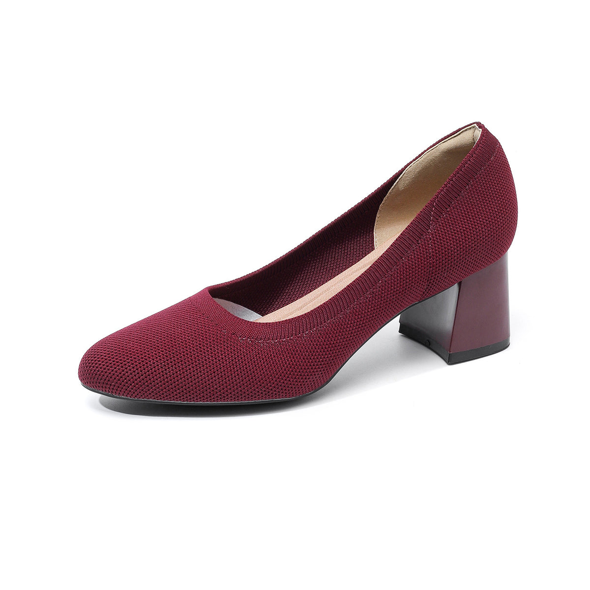 Burgundy knit slip-on pumps with block heel and rounded toe