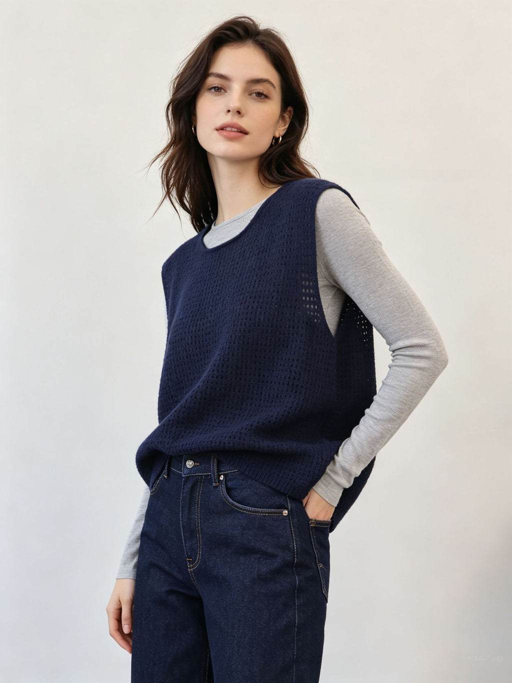 Women’s navy hollow-out lightweight knit sleeveless vest with round neck