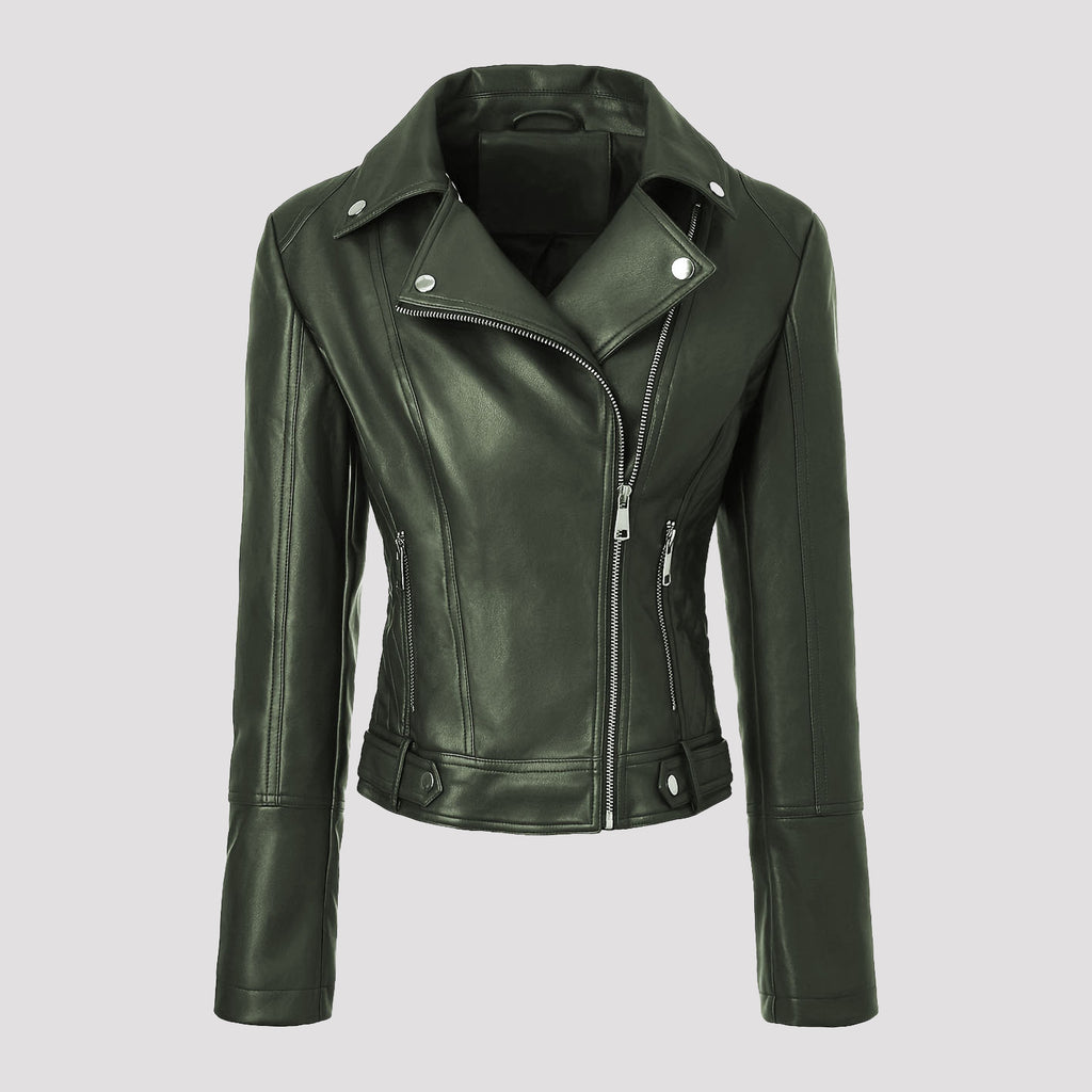 Army green faux leather moto jacket, asymmetrical zip front, snap lapels, zip pockets.