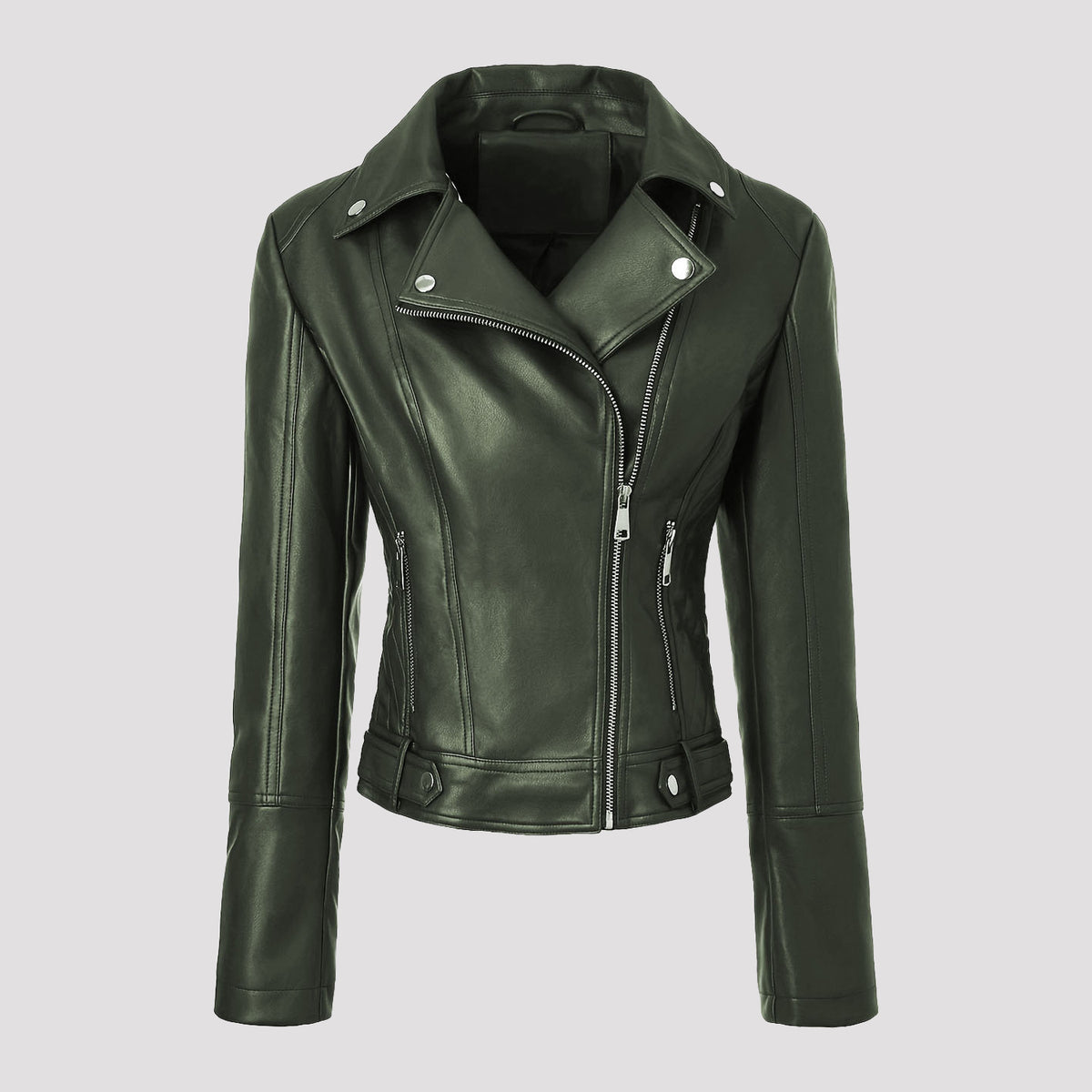 Army green faux leather moto jacket, asymmetrical zip front, snap lapels, zip pockets.