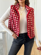Red sherpa fleece checked zip-up vest with stand collar, sleeveless pockets