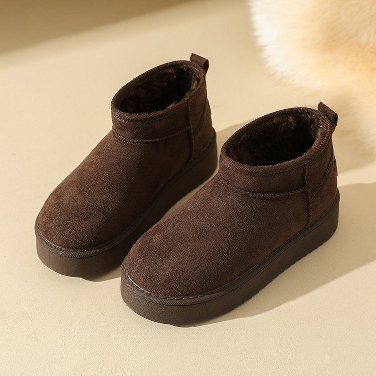 Dark brown faux suede ankle snow boots with fleece lining and mini platform soles