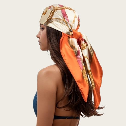 Orange satin square scarf head wrap with cream accents and gold chain paisley print