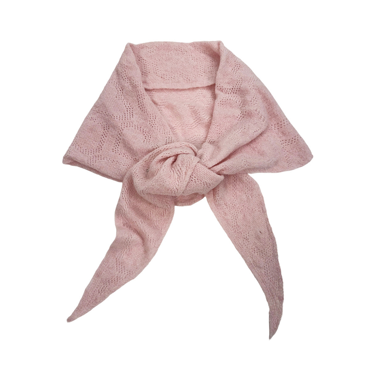 Light pink triangle scarf with heart-pattern pointelle openwork and two pointed ends.