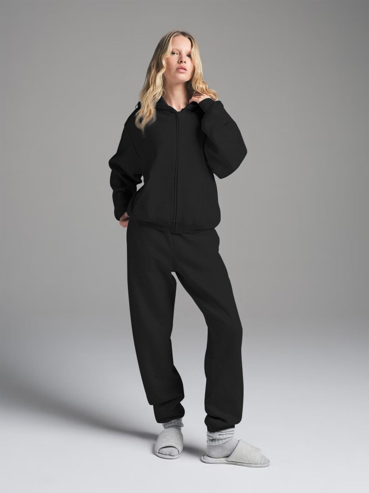 Women's zip-up hoodie and drawstring jogger sweatpants set, black