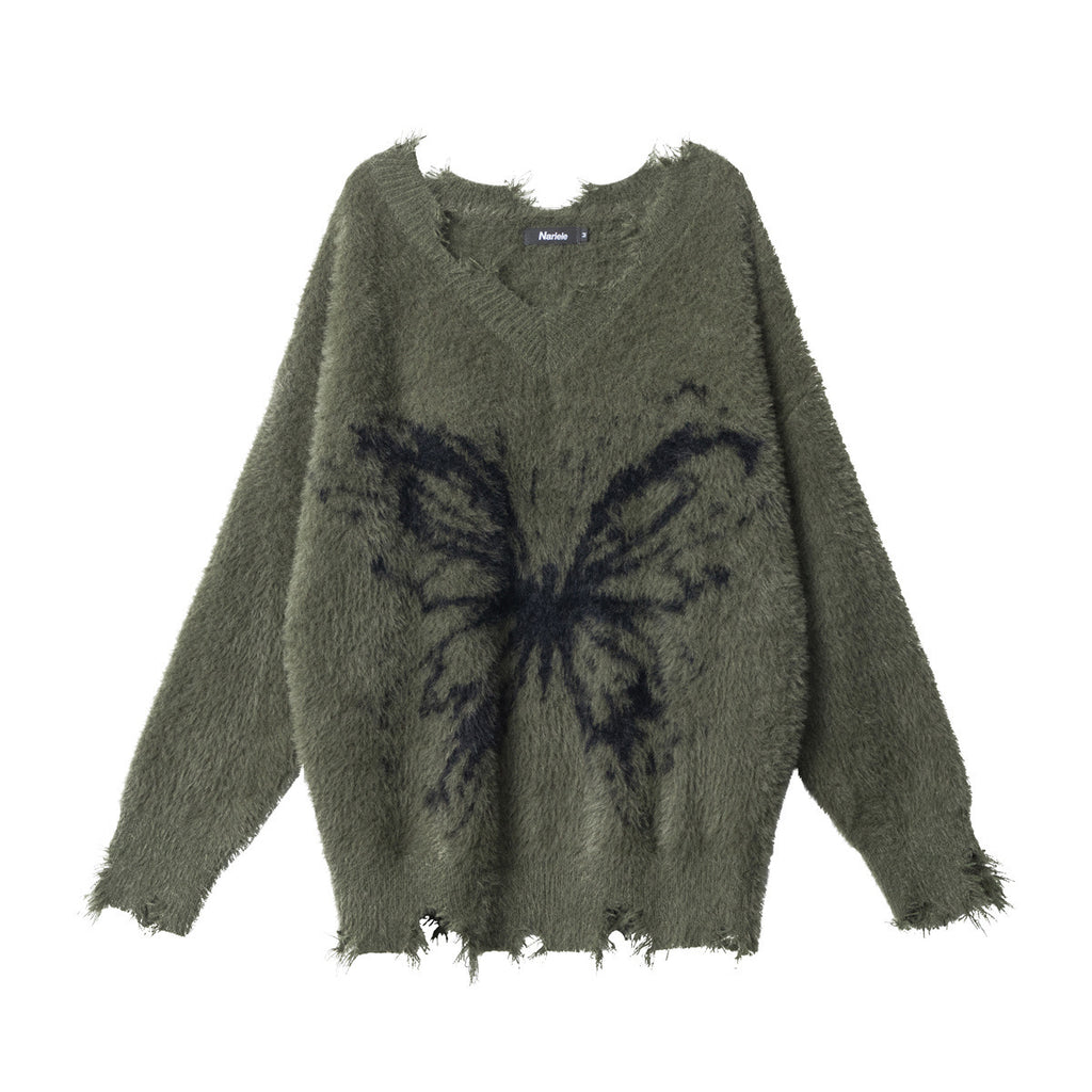 Women’s olive green mohair V-neck knit sweater with black butterfly graphic and fringe