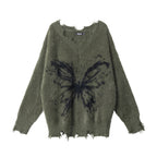 Women’s olive green mohair V-neck knit sweater with black butterfly graphic and fringe