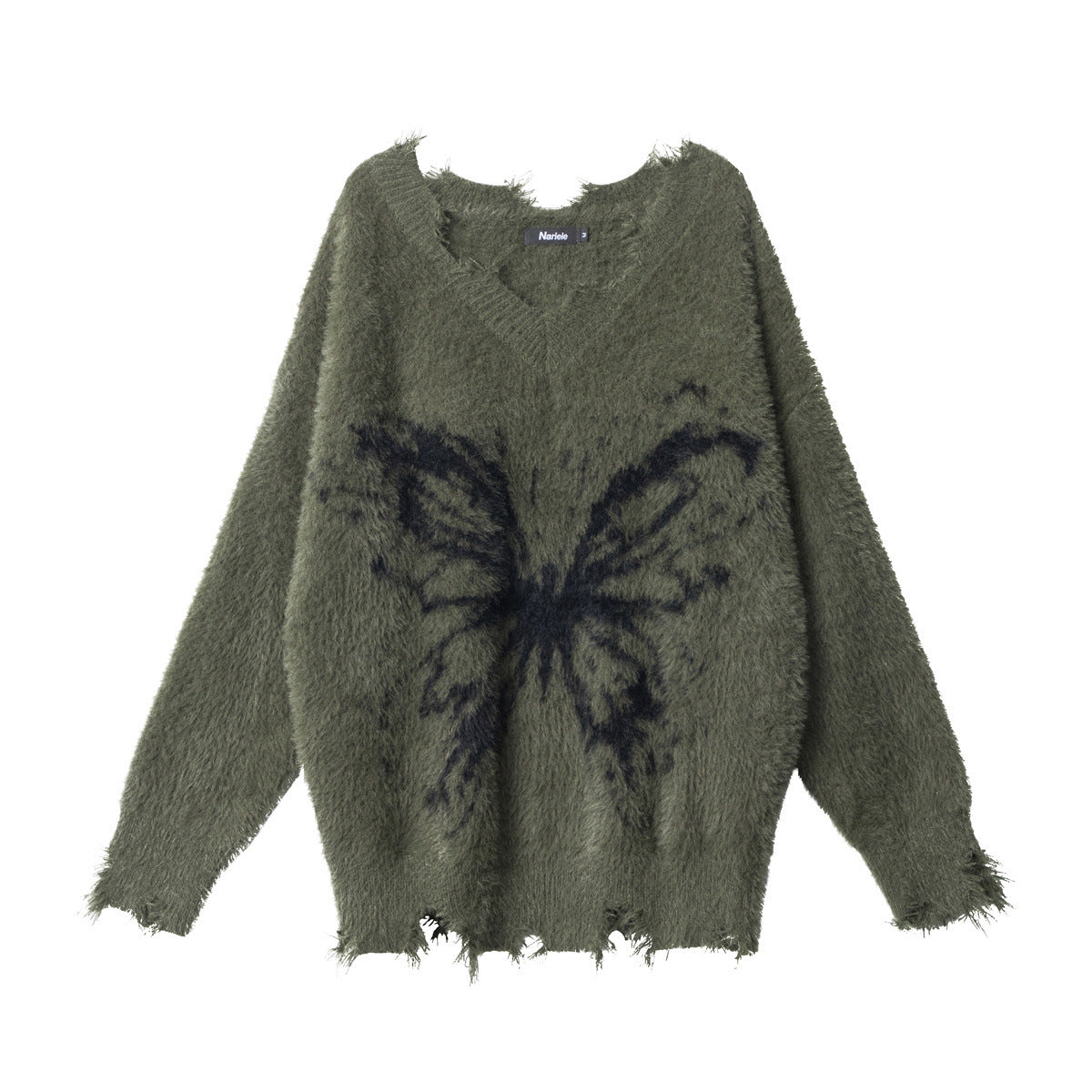 Women’s olive green mohair V-neck knit sweater with black butterfly graphic and fringe