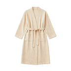 Beige women’s cotton kimono robe with tie belt and two front pockets