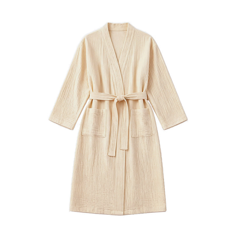 Beige women’s cotton kimono robe with tie belt and two front pockets