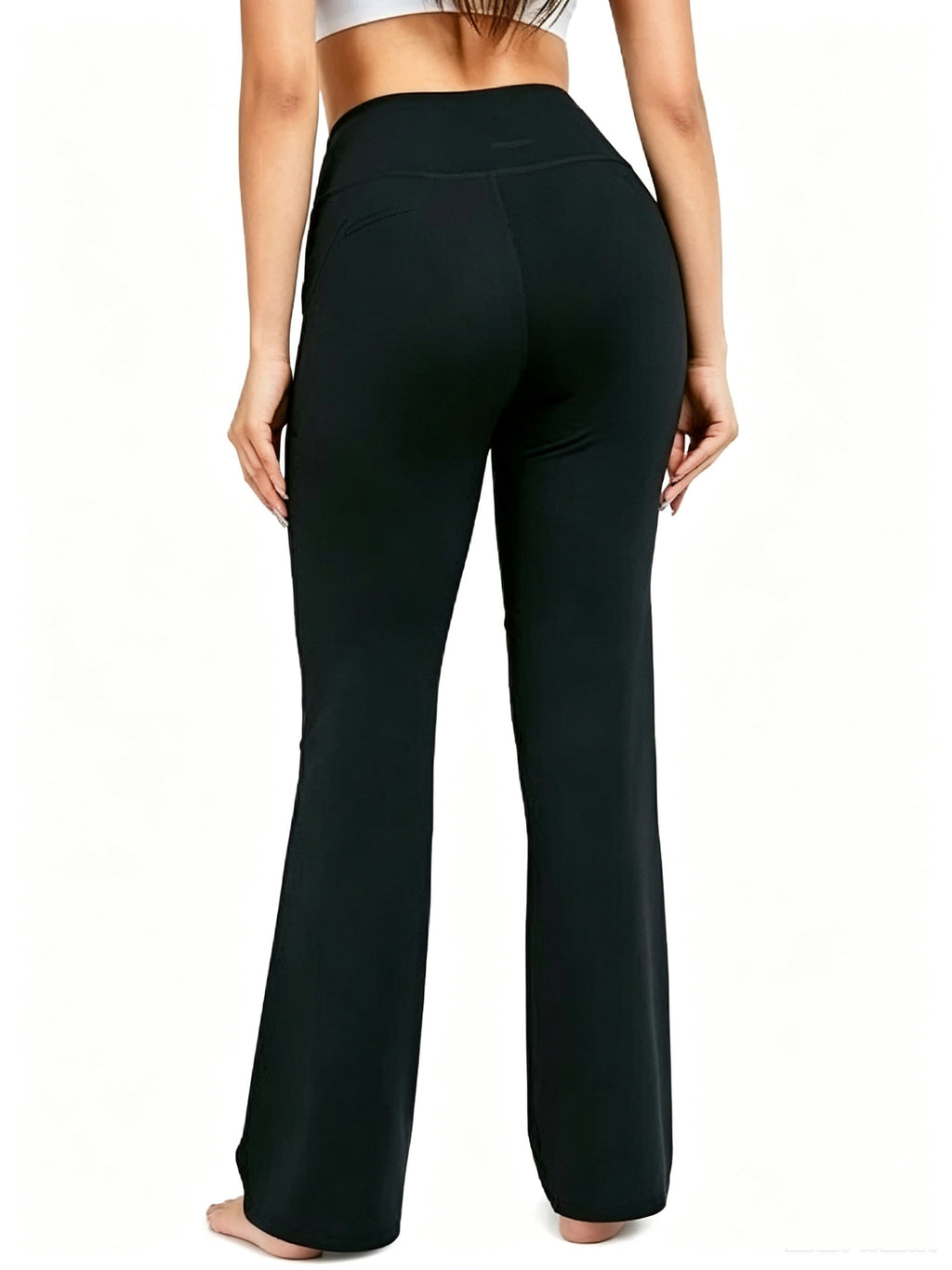 Black high-waisted bootcut yoga pants, back view