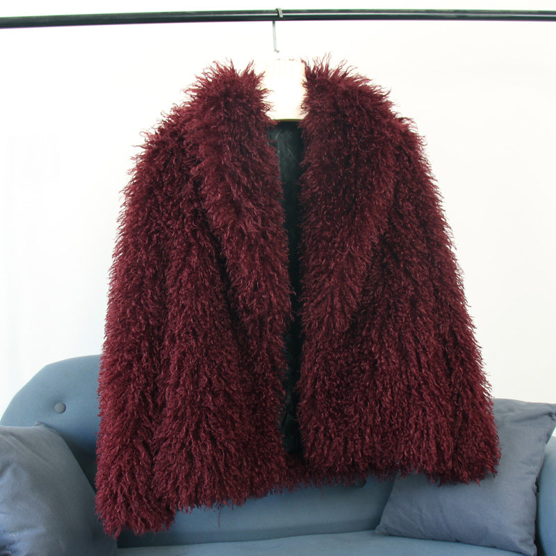 Burgundy shaggy faux fur jacket with shawl lapel, open front, draped look