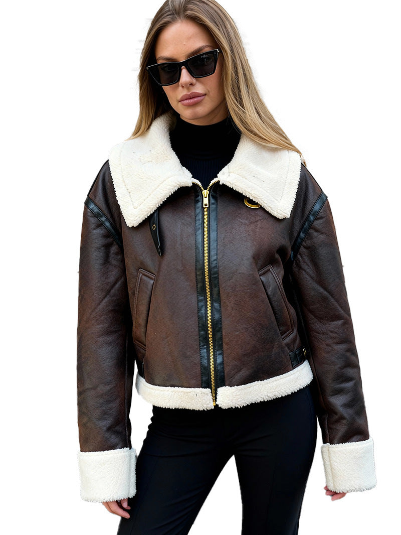 Dark brown faux shearling aviator jacket for women with full zip and sherpa trim