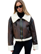 Dark brown faux shearling aviator jacket for women with full zip and sherpa trim