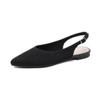 Woven pointed-toe slingback flats, black, with thick sole and small buckle strap