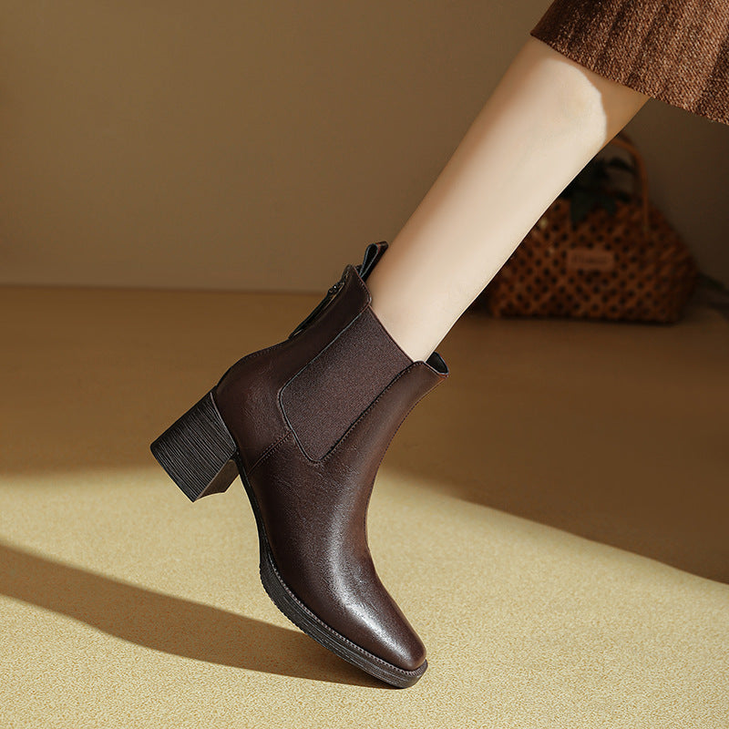 Women’s leather Chelsea ankle boots with square toe, stacked block heel, back zip