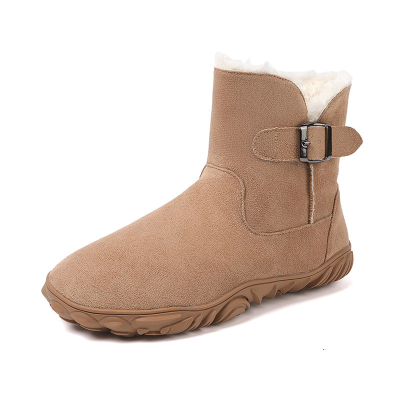 Tan mid-calf snow boots with buckled side strap, plush collar, and deep tread sole