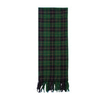 Green plaid scarf laid flat, with tassel fringe edges