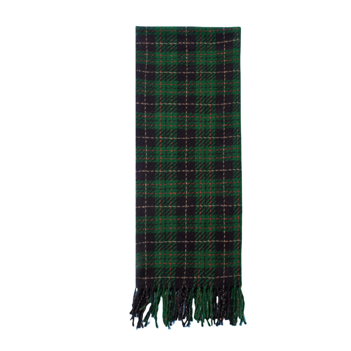 Green plaid scarf laid flat, with tassel fringe edges