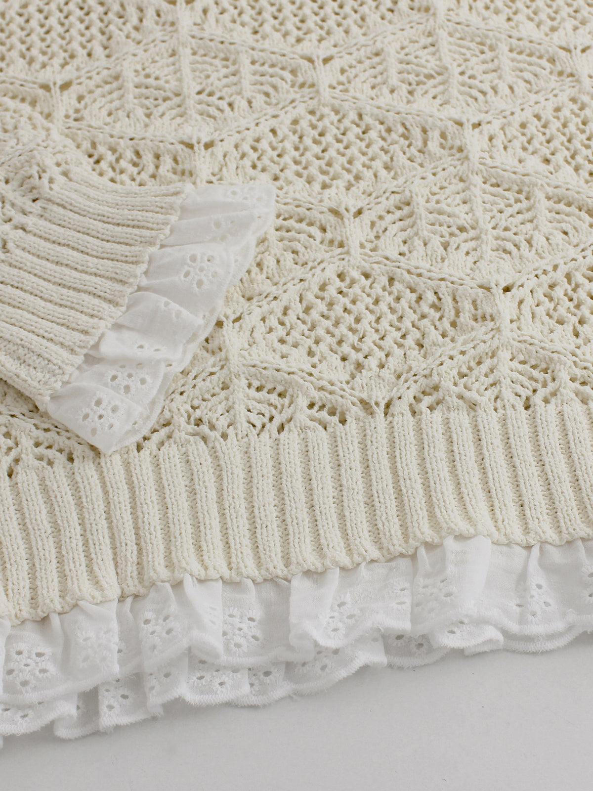 Off-white cropped sweater hem with ribbed knit and scalloped eyelet lace ruffle