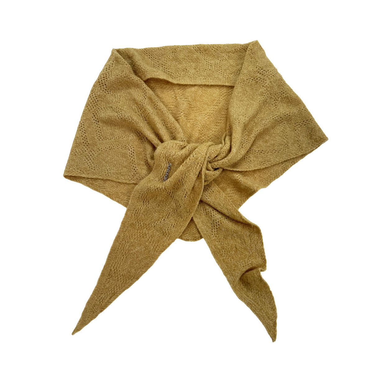 Mustard triangle scarf with an open-knit pattern, tied at the center.