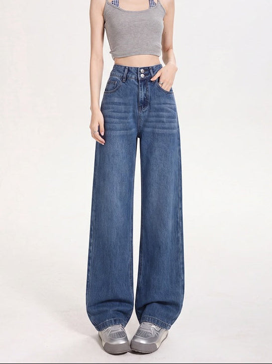 Women's wide-leg jeans, dark wash blue, high rise with button fly and front pockets