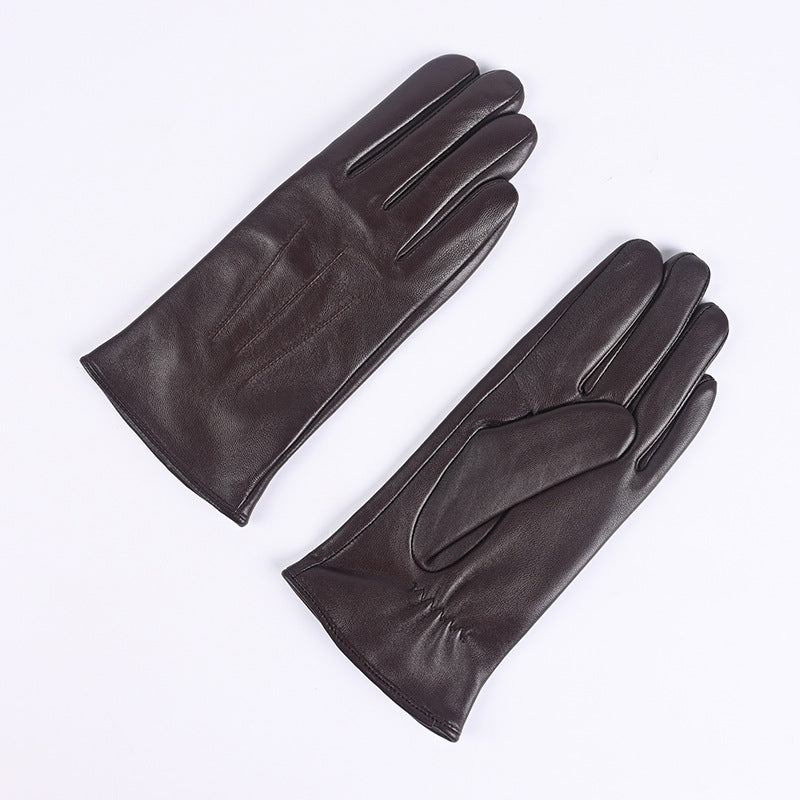 Women's dark brown leather winter gloves pair, fleece-lined, three-panel stitched design