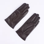 Women's dark brown leather winter gloves pair, fleece-lined, three-panel stitched design