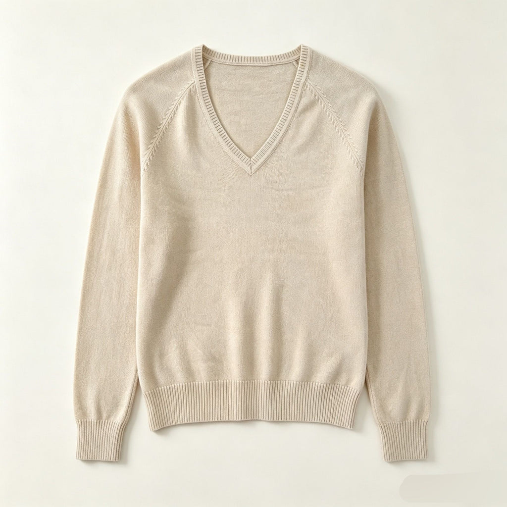 Women’s beige V-neck fine-knit sweater with long sleeves and ribbed waistband