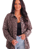 Brown leopard-print denim shacket with front buttons and chest pocket, relaxed fit