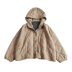 Women’s quilted hooded cropped jacket, beige with button front and diamond stitching