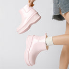 Women's light pink glossy ankle rain boots, chunky platform pull-on style