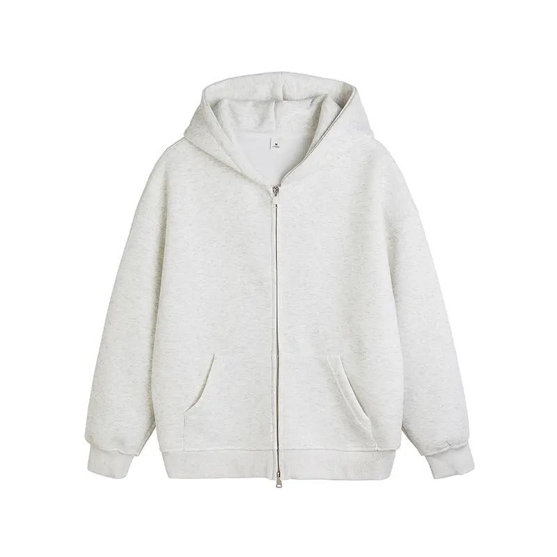 Women’s light gray full-zip hoodie with hood and two front pockets