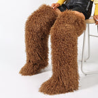 Warm brown curly faux fur over-the-knee boots
