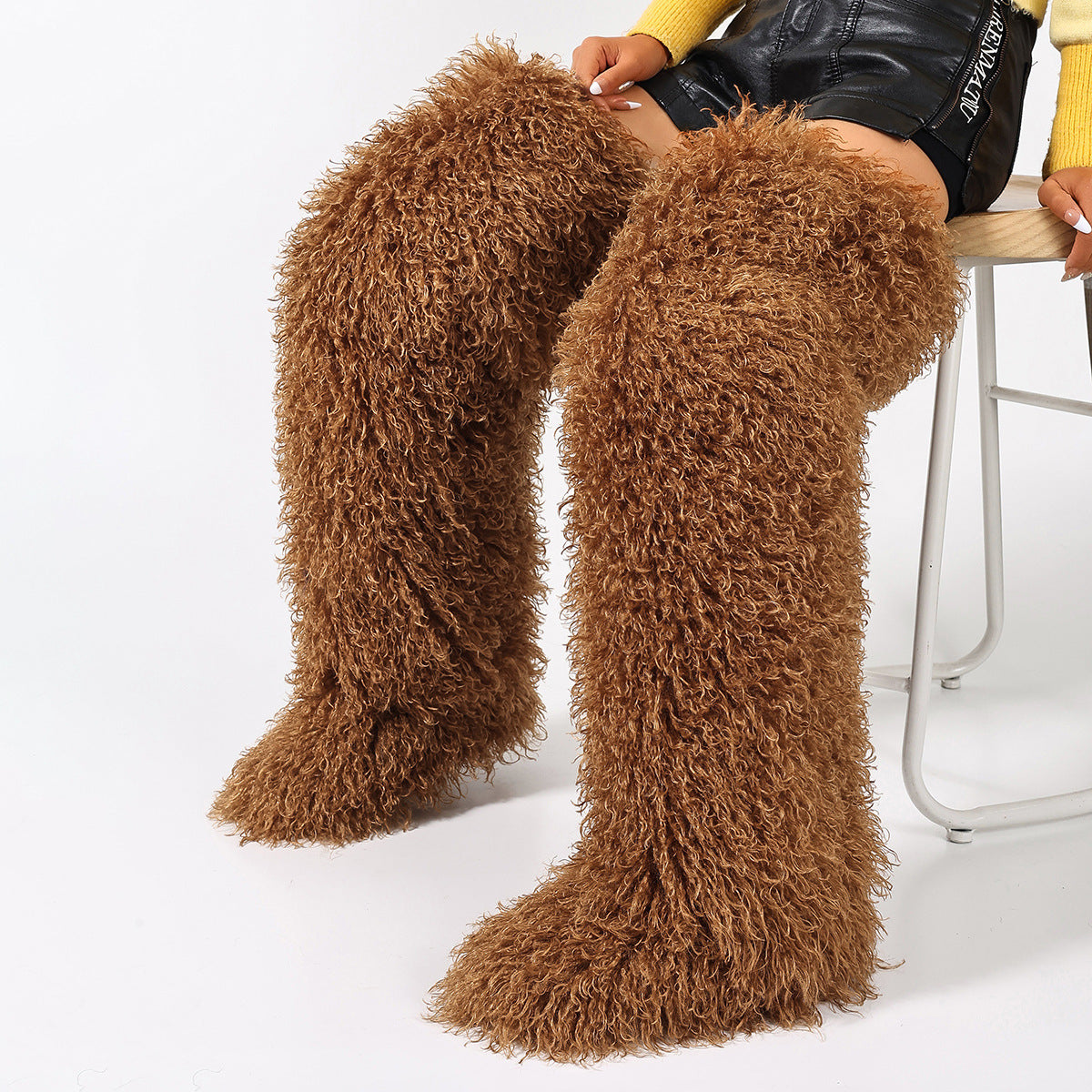 Warm brown curly faux fur over-the-knee boots