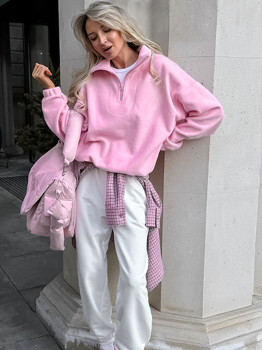 Women's half-zip fleece pullover, pink oversized stand collar with half-length zipper