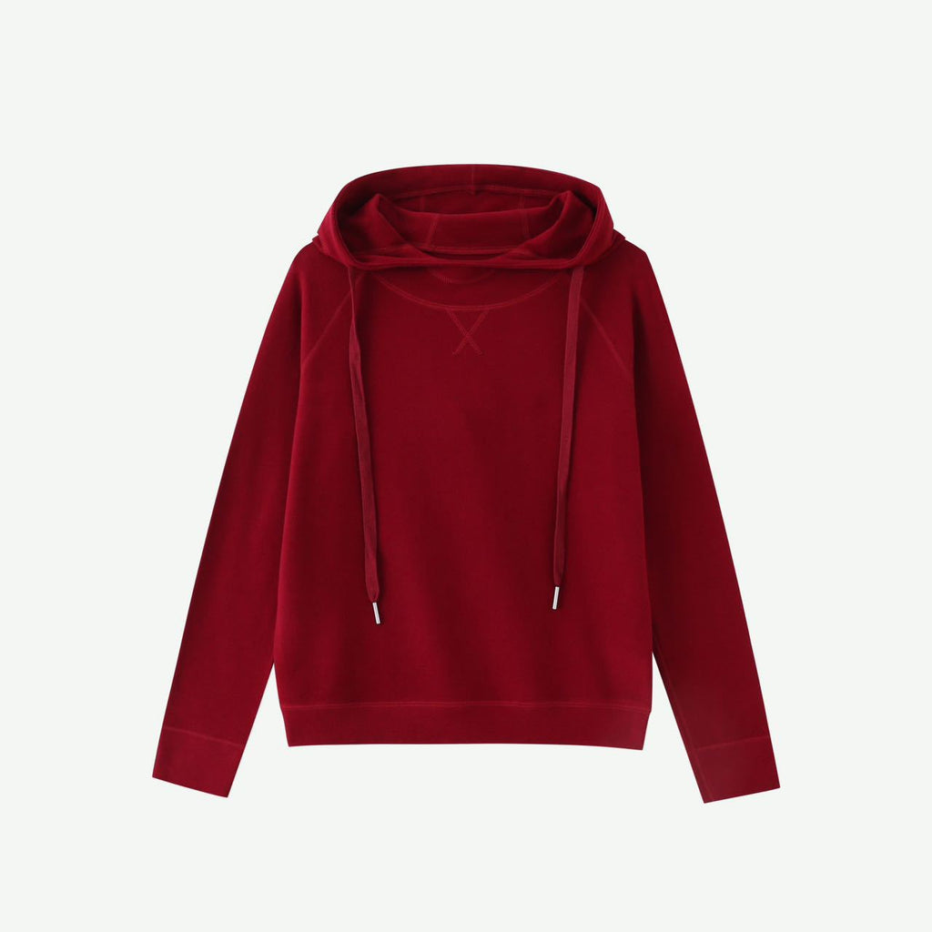 Wine red velvet hoodie with drawstring hood and long sleeves, flat lay