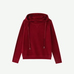Wine red velvet hoodie with drawstring hood and long sleeves, flat lay