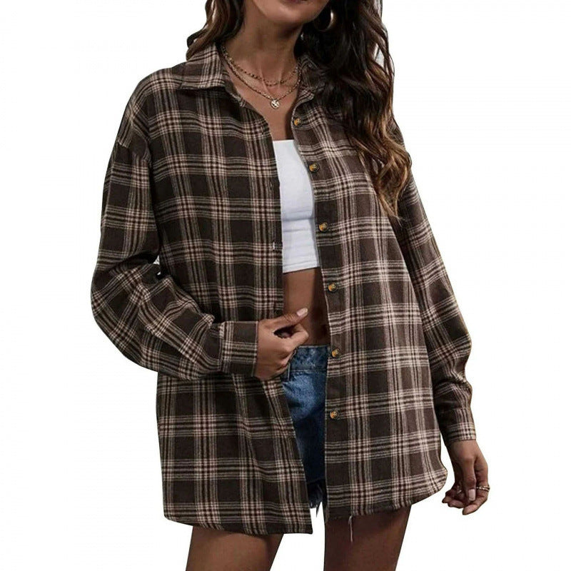 Plaid button-down shirt in dark brown and tan, oversized fit with button front