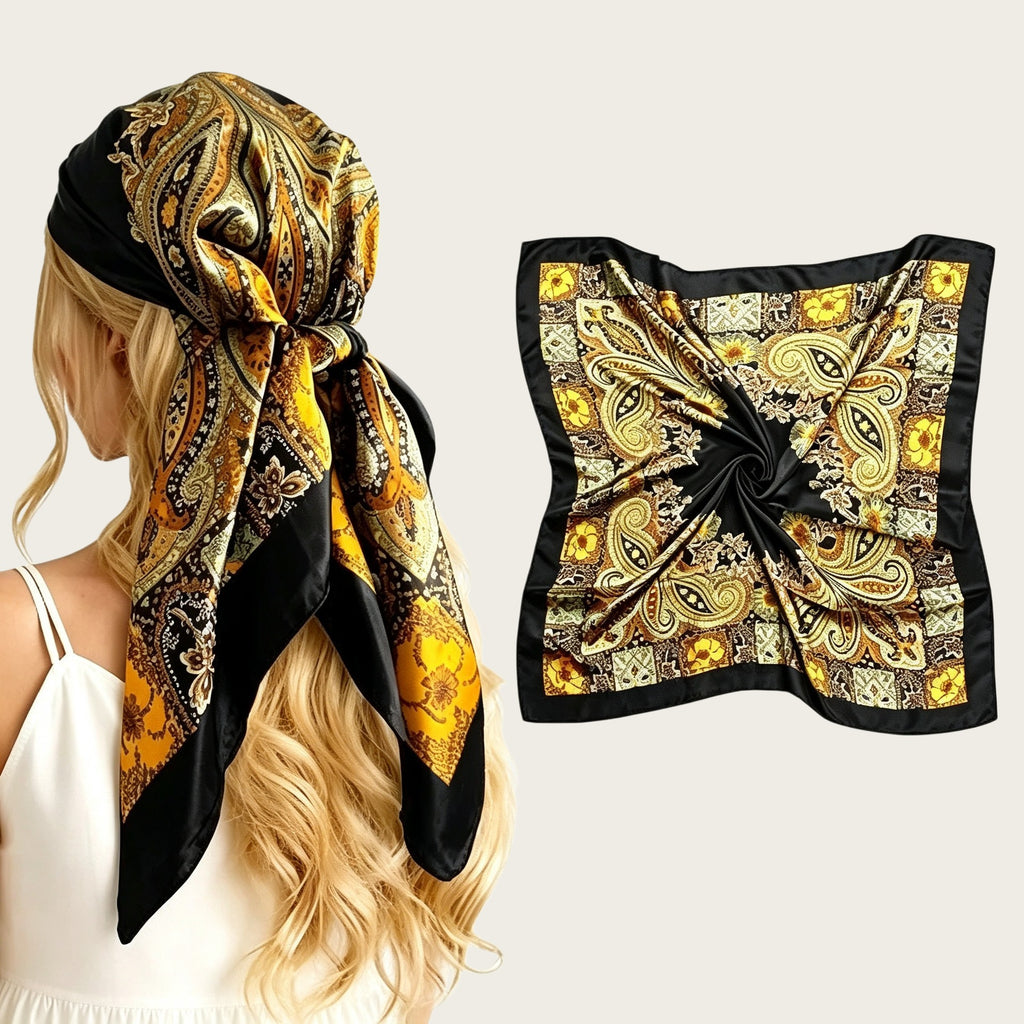 Large satin square scarf in black with gold and cream paisley print, tied head wrap