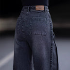 Black high-waisted wide-leg jeans with back patch pocket and stitched side seam