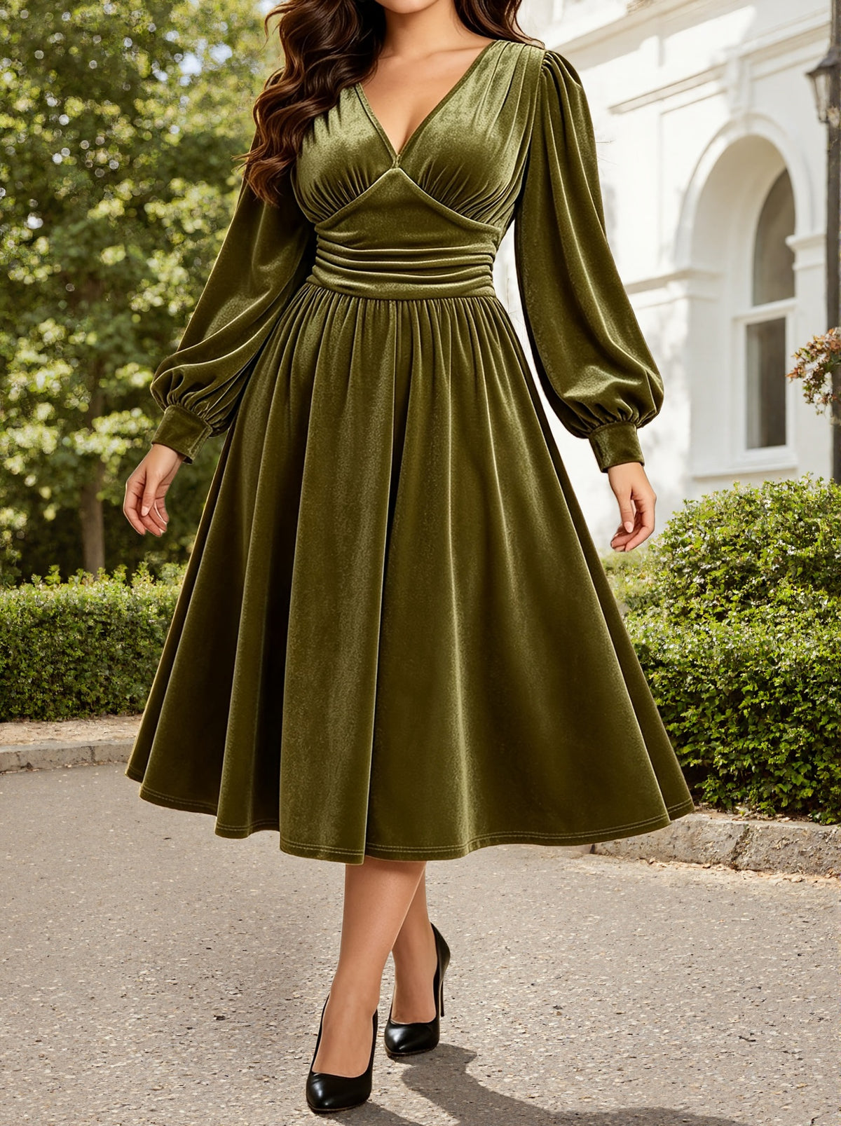 Green velvet midi dress, long sleeves, V-neck fit-and-flare with ruched waist