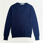 Women’s dark navy V-neck fine-knit sweater with long sleeves and ribbed hem