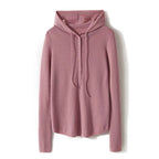 Women’s hooded henley sweater in mauve-pink fine knit, button placket and drawstring hood
