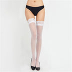 White sheer thigh-high stockings with lace tops, matching brief set shown