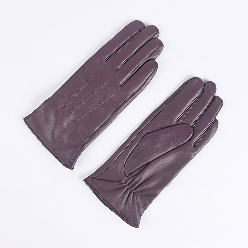 Burgundy leather gloves with three-strap cuffs, fleece-lined winter style.