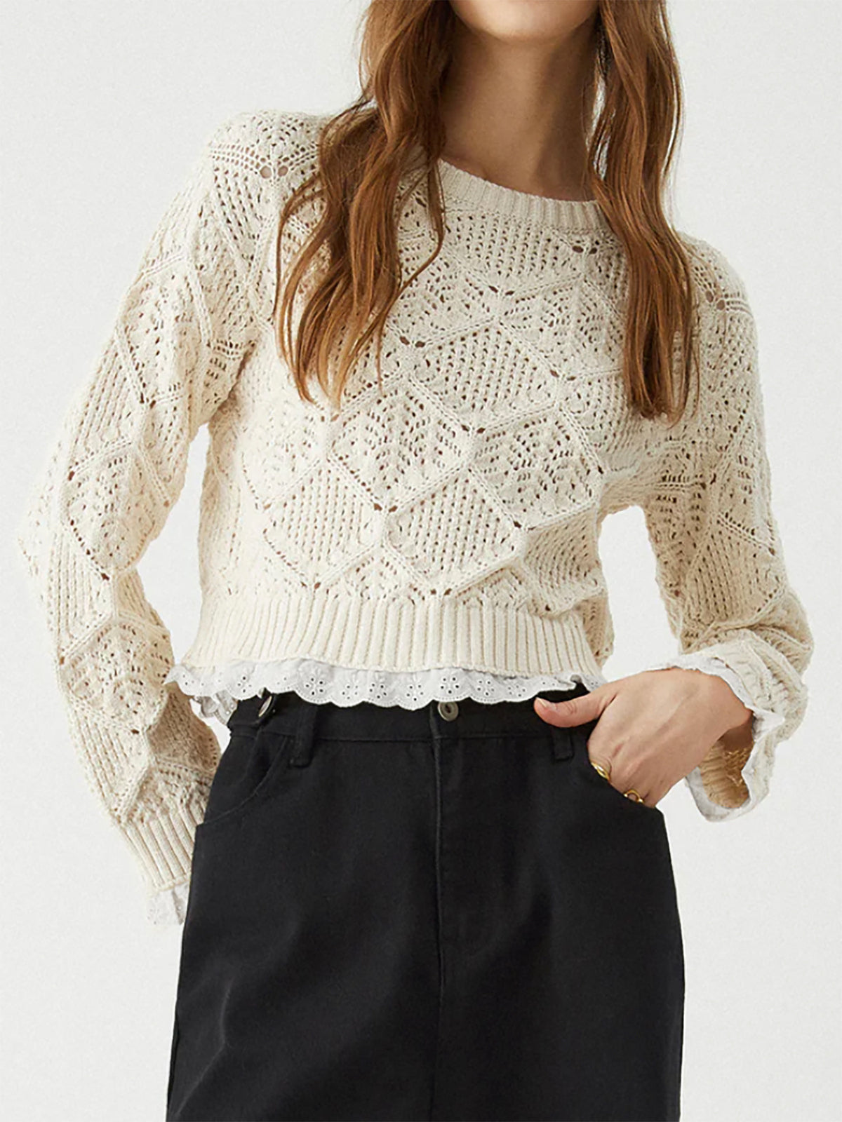 Cropped pointelle sweater with eyelet lace trim and crew neck, off-white open knit sleeves