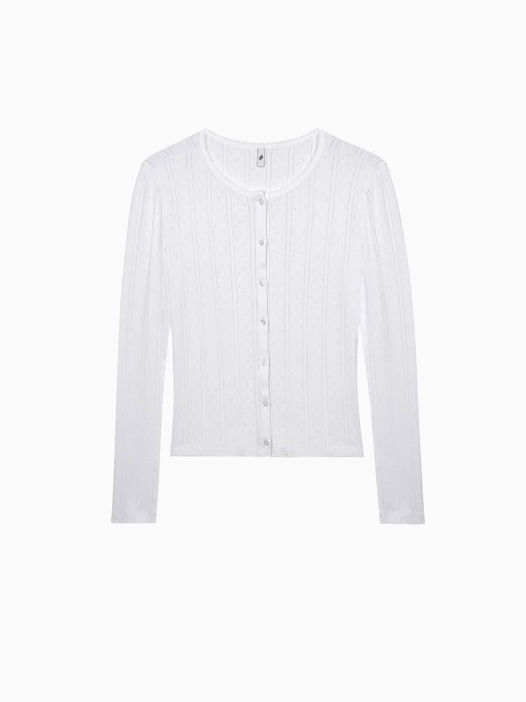 White pointelle knit cardigan with button front and crew neck